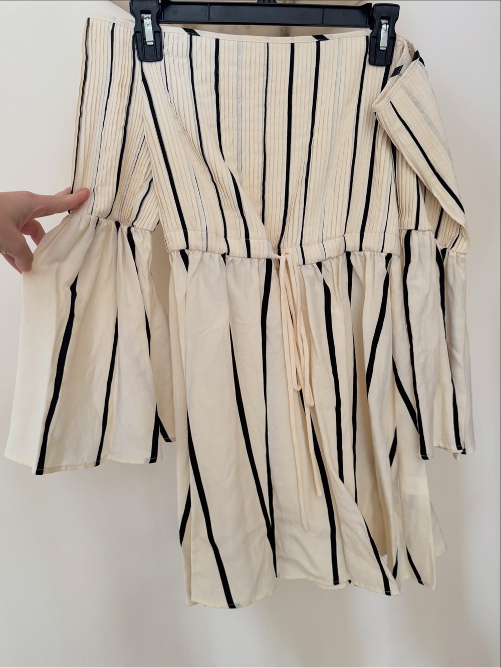 Striped linen Cream and Black Off-Shoulder Dress